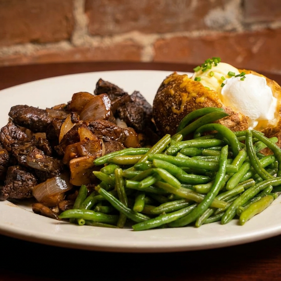 Plate of braised beef with onions, green beans, and a baked potato topped with sour cream and chives.