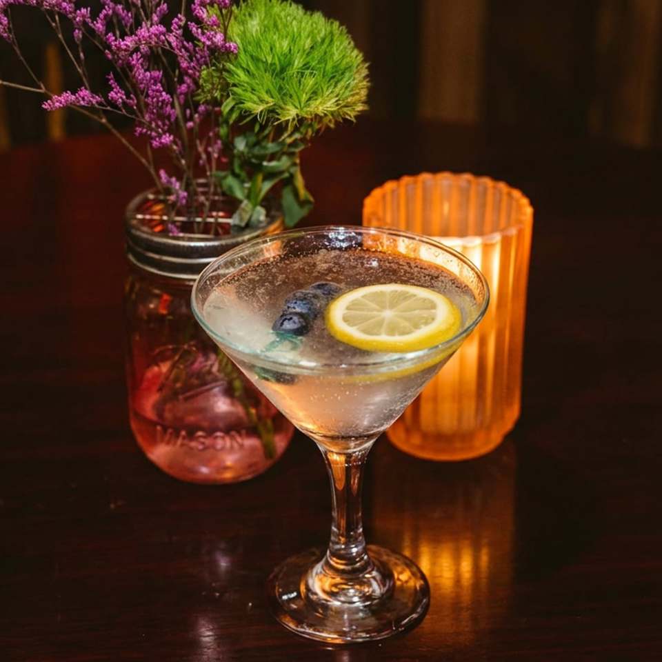 A lemon and blueberry cocktail sits in a martini glass on a dark wooden table beside flowers and a glowing candle.