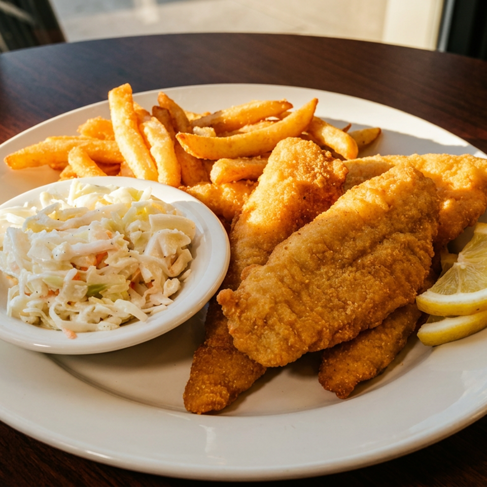 Plate of golden fried fish with French fries, creamy coleslaw, and lemon wedges on a wooden restaurant table.