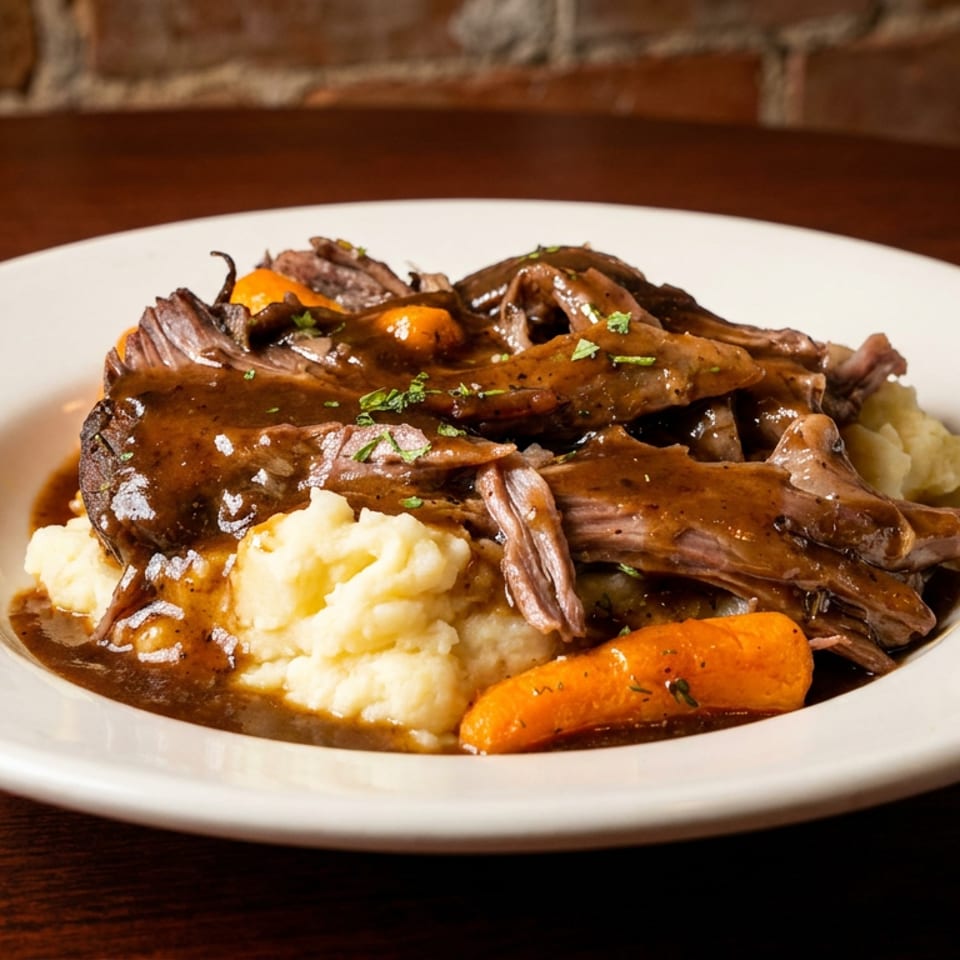 Braised meat with mushroom gravy, mashed potatoes, and carrots garnished with herbs on a white plate.