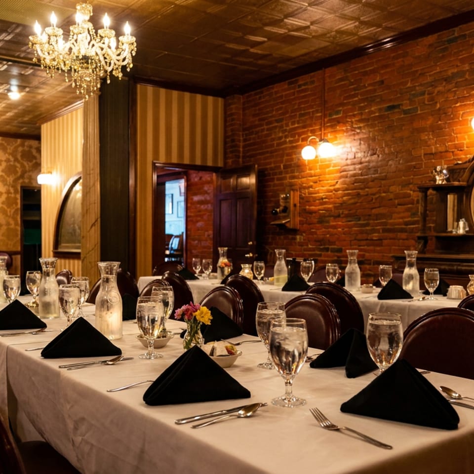 Elegant restaurant dining room with white tablecloths, black folded napkins, crystal glasses, chandeliers, and exposed brick walls.