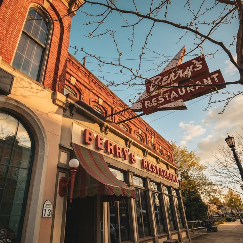 Exterior of Berry’s Restaurant in a historic red-brick building, featuring striped awnings, vintage signage, and a tree-lined street.