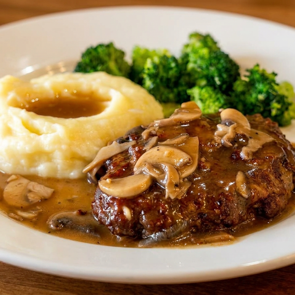 Salisbury steak covered in mushroom gravy, served with mashed potatoes and steamed broccoli on a white plate.
