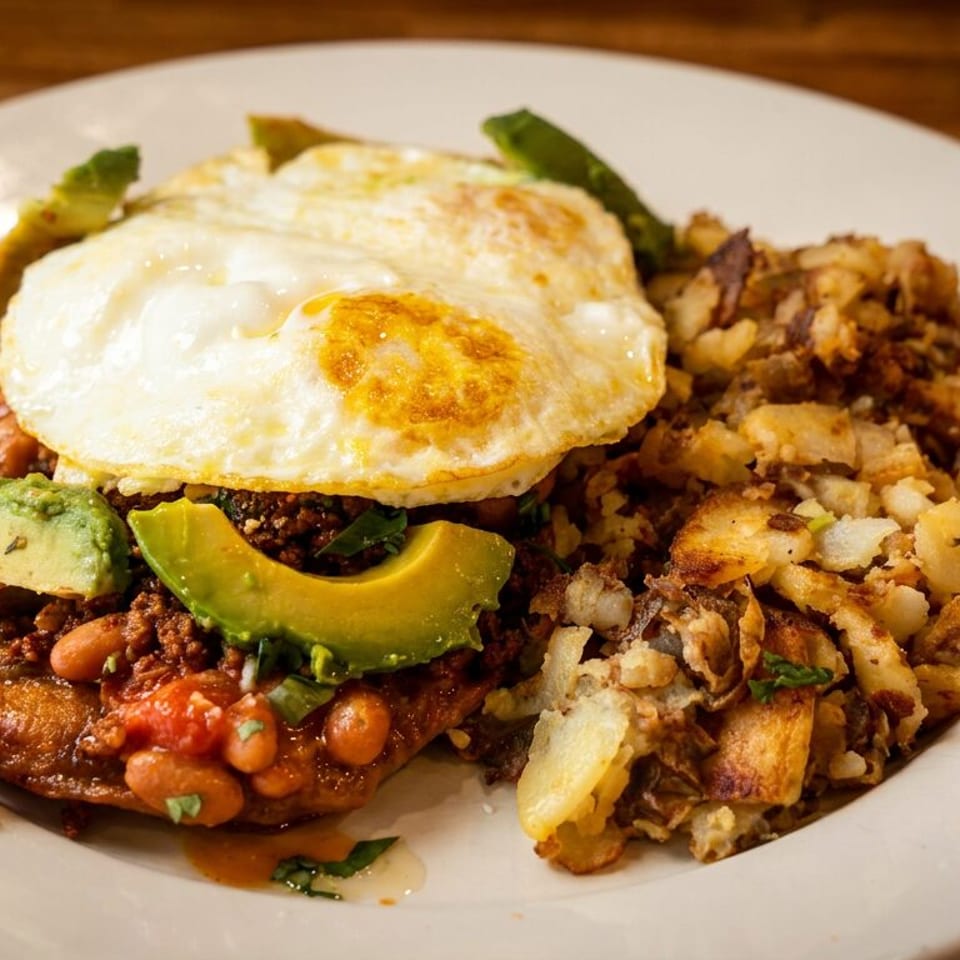 Hearty breakfast plate with fried eggs, avocado, beans, seasoned ground meat, tortillas, and crispy potatoes on a white plate.